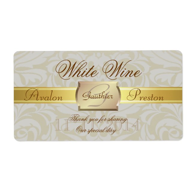 Etiqueta de Vinho de Casamento de Monograma Dourad (Frente)
