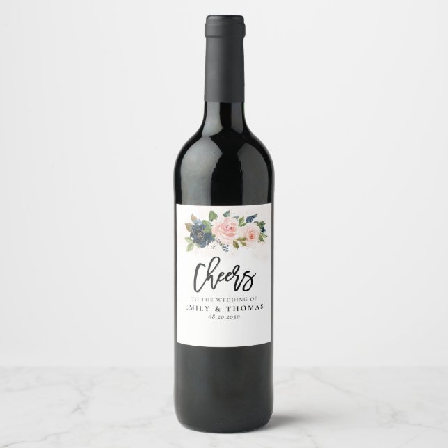 Etiqueta de Vinho de Casamento Floral Rosa e Azul  (Frente)