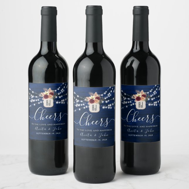 Etiqueta de Vinho de Casamento Luzes de Corda Azul (Garrafas)