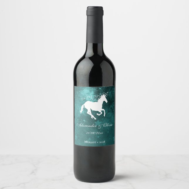 Etiqueta de Vinho de Casamento Teal Unicorn (Frente)