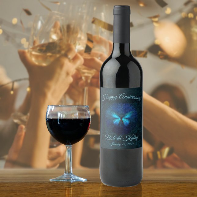 Etiqueta de Vinho do Aniversário da Borboleta Azul (Blue Butterfly Anniversary Wine Label - Names and Date Template)