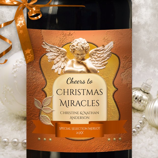 Etiqueta de Vinho do Anjo rosa Dourado (Christmas wine label featuring an angel in rose gold in a festive Holiday setting)