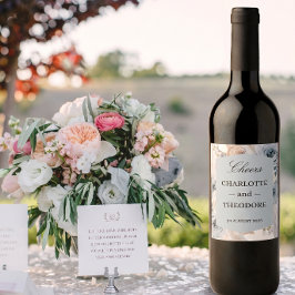 Etiqueta de Vinho Geométrico Floral Bege Azul Empo