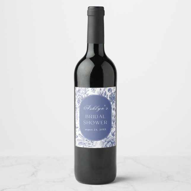 Etiqueta de Vinho para Chá de Noiva Azul Branco Ch (Frente)
