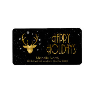 Etiqueta Deer Antlers Silhouette & Snowflakes Dourado/Bl ID
