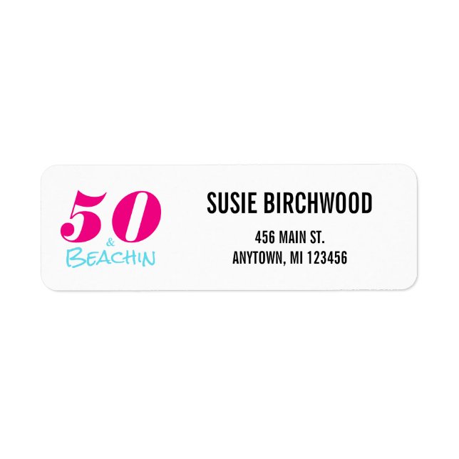 Etiqueta Diversão 50 e Beachin Hot Pink Aquamarine Texto Pr (Frente)