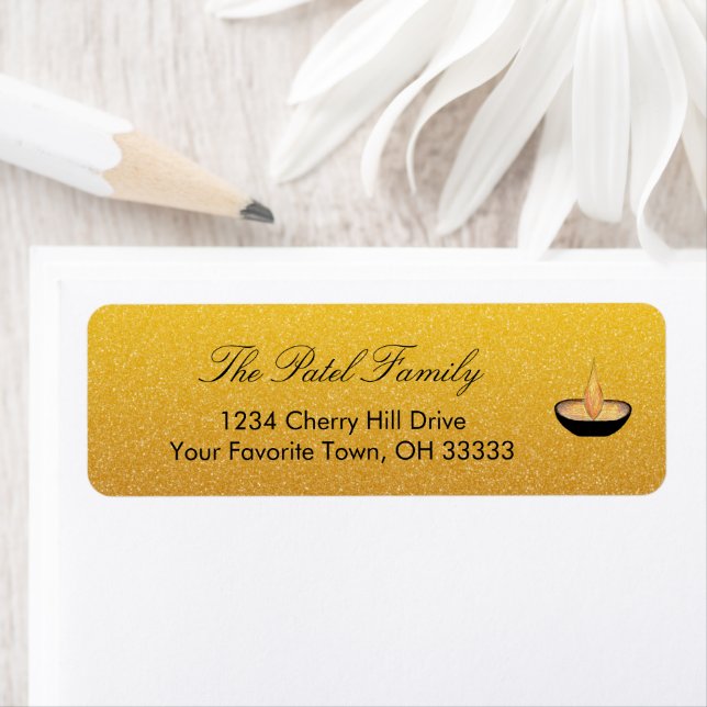 Etiqueta Diwali Diya chama Dourada Glitter Endereço de Reto (Insitu)