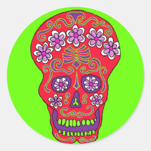 Etiqueta do crânio da flor no vermelho