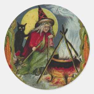 Etiqueta do Dia das Bruxas da bruxa e do caldeirã