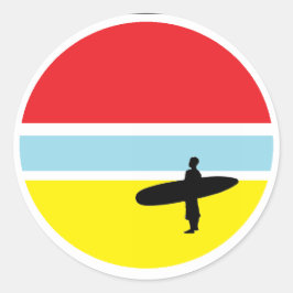 Etiqueta do surfista do por do sol