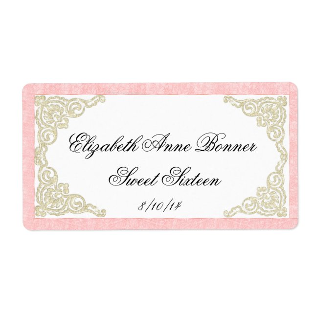 Etiqueta Doce Dezesseis Rótulos de Garrafas de Água Rosa e  (Frente)