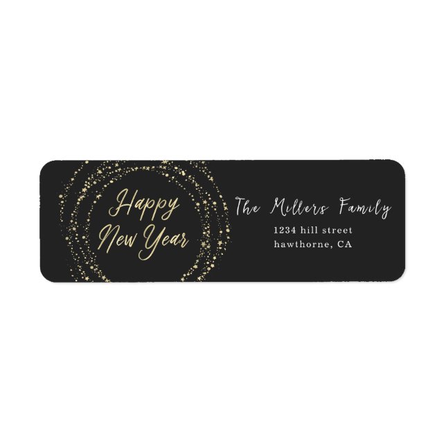 Etiqueta Dourada feliz ano novo Rótulo Preto (Frente)