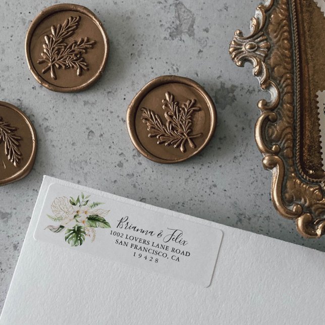 Etiqueta Dourada Folhagem Tropical Endereço de Devolução Fl (Criador carregado)