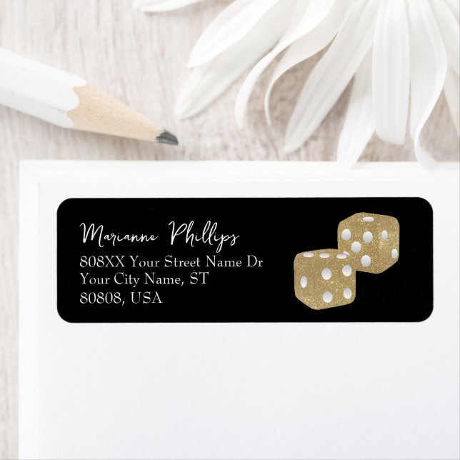 Etiqueta Dourada Glitter Casino Dice em Preto (Insitu)