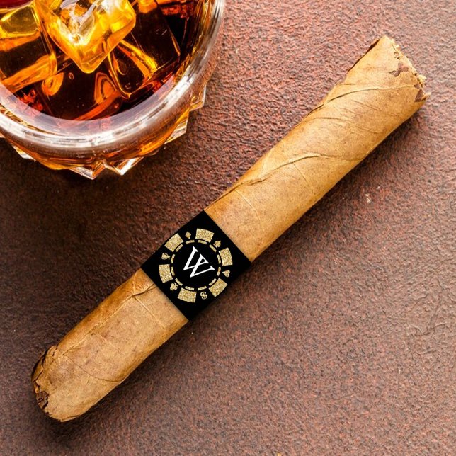 Etiqueta Dourada Glitter Monograma Pôquer Chip Casino Cigar (Criador carregado)