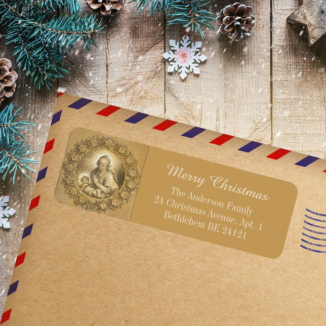 Etiqueta Dourada Natividade religiosa religiosa religiosa a (Gold Elegant Religious Christian Catholic Merry Christmas Nativity Holiday Return Address Labels)