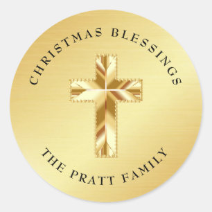 Etiqueta Dourado das bênçãos do Natal com cruz
