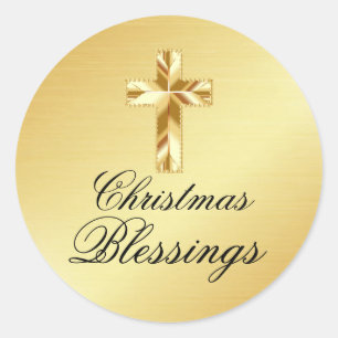 Etiqueta Dourado das bênçãos do Natal com cruz