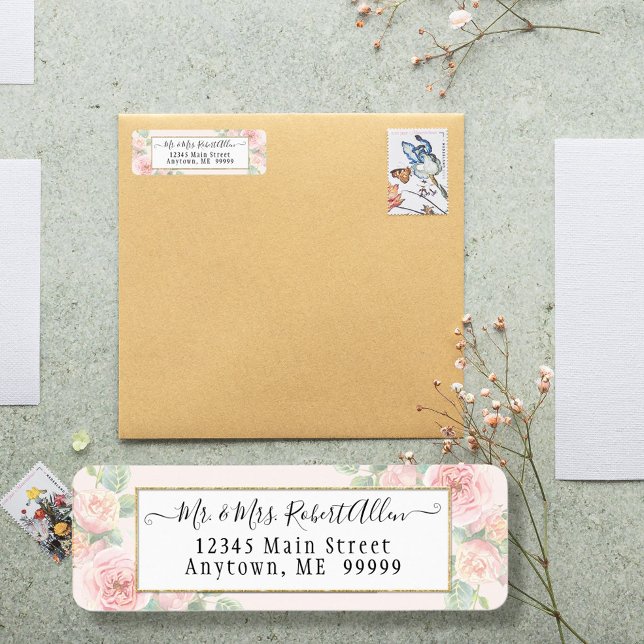 Etiqueta Dourado Elegante Rosa Botânica Rosa em Verde (Criador carregado)