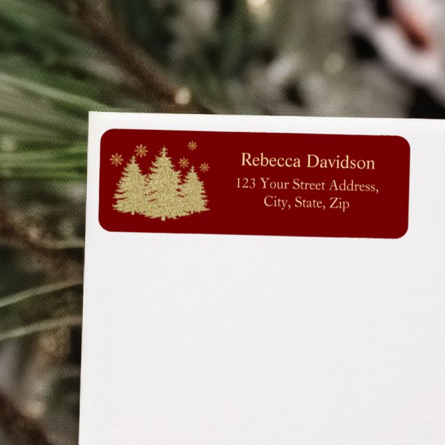 Etiqueta Dourado Pine Trees Douradas Snowflakes Endereço de (Criador carregado)
