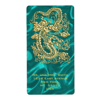 Etiqueta Dragão Dourado em relevo na Turquesa Satin Impress