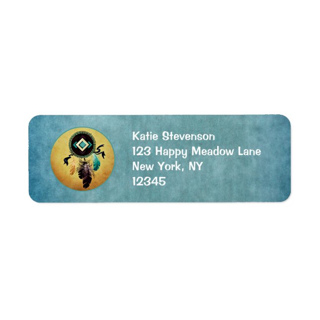 Etiqueta Dreamcatcher sobre um fundo texturizado azul (Frente)