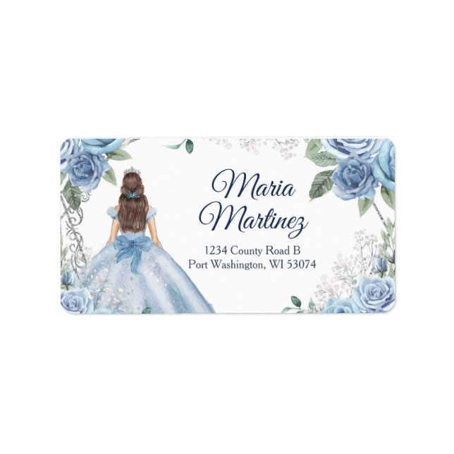Etiqueta Dusty Blue Floral Quinceañera Endereço Labels (Frente)