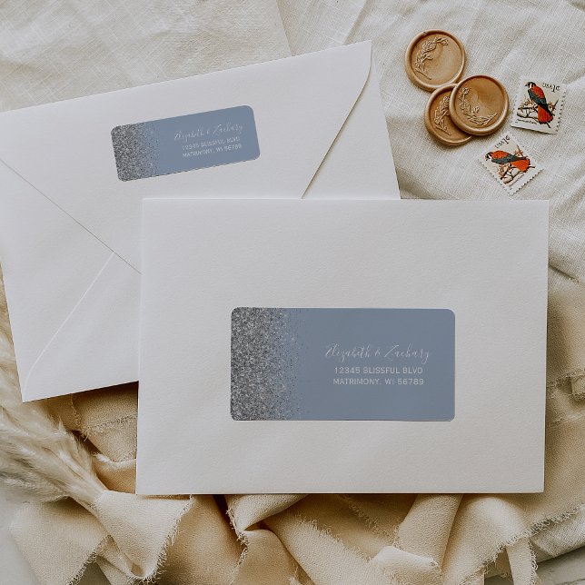 Etiqueta Dusty Blue Silver Glitter Endereço de devolução de (Criador carregado)