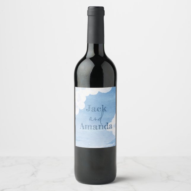 Etiqueta e Vidro de Vinho de Casamento Azul Claro (Frente)