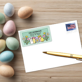 Etiqueta Easter Bunny Chick Eggs Flowers Green Gingham