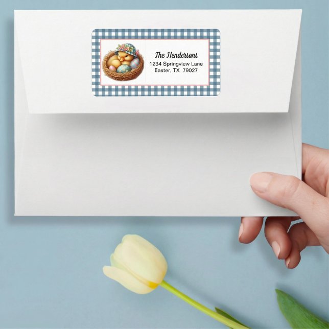 Etiqueta Easter Duckling with Eggs on Blue Gingham Plaid (Criador carregado)