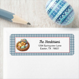 Etiqueta Easter Duckling with Eggs on Blue Gingham Plaid