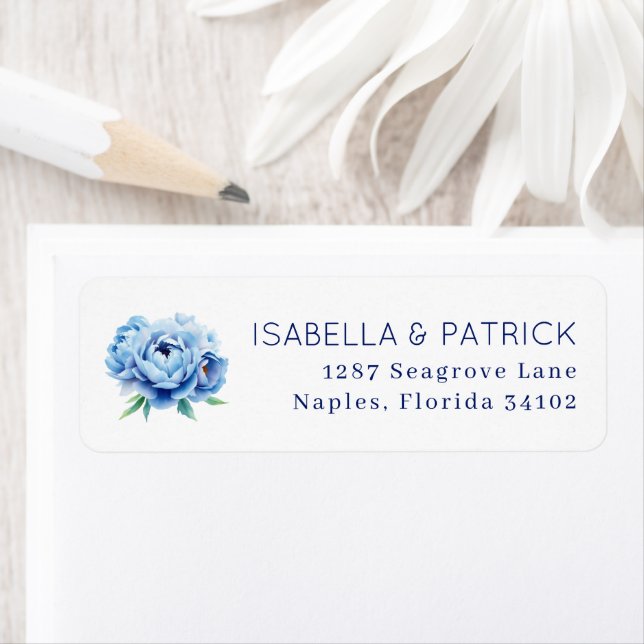 Etiqueta Elegant Blue Peony Wedding Address Label (Insitu)