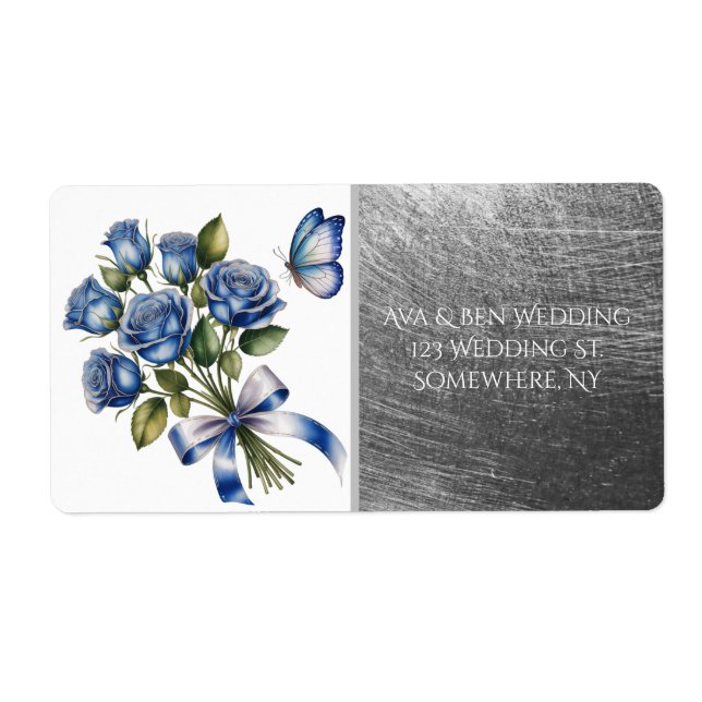 Etiqueta Elegant Blue Roses & Butterfly Silver Wedding (Frente)
