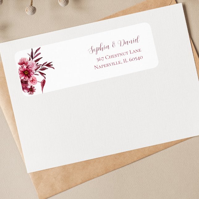 Etiqueta Elegant Burgundy Floral Wedding Address Labels (Criador carregado)