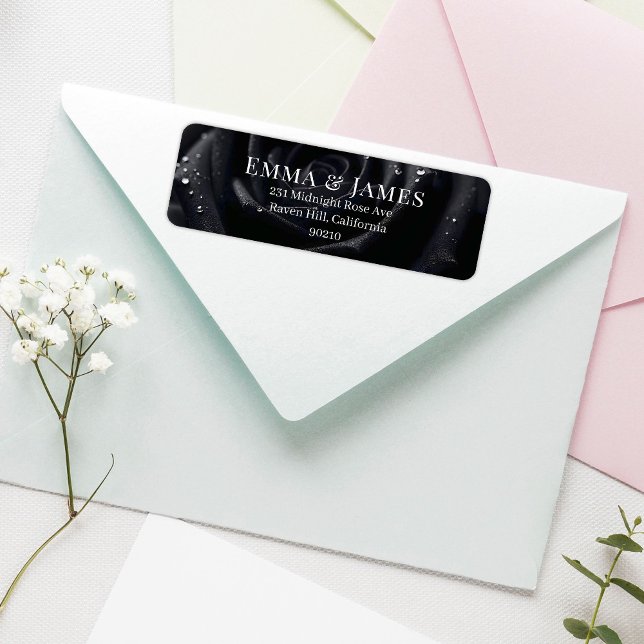 Etiqueta Elegant Floral Midnight Rose Black & White Wedding (Criador carregado)