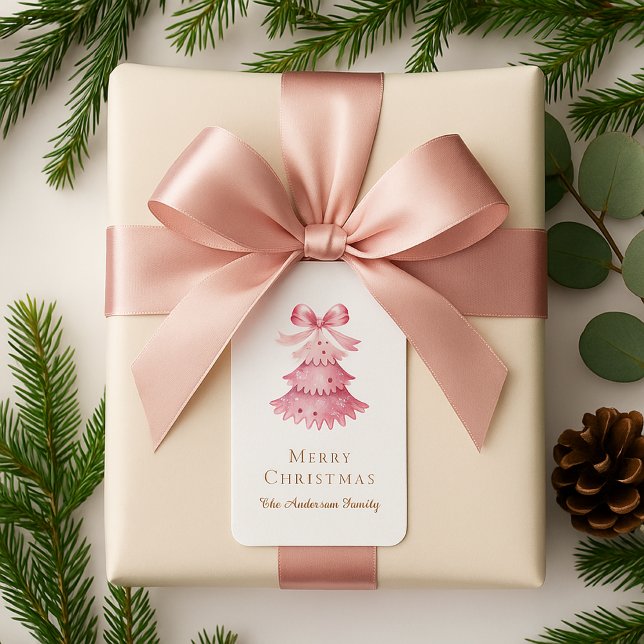 Etiqueta Elegant Minimal Pink Christmas Tree Typography (Criador carregado)