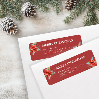 Etiqueta Elegant Red Poinsettia Holiday Return Address