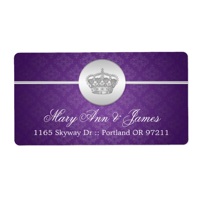 Etiqueta Elegant Wedding Address Royal Crown Purple (Frente)