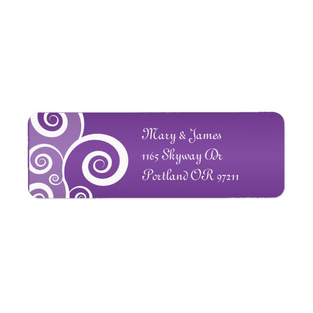 Etiqueta Elegant Wedding Address White Swirls Purple (Frente)