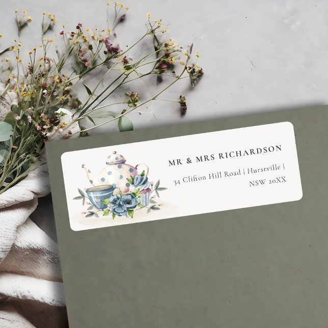 Etiqueta Elegante Aqua Blue Flor Teapot Cup Cake Endereço (Criador carregado)