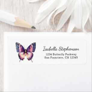 Etiqueta Elegante Borboleta Roxa em Aquarela Endereço de Re
