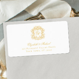 Etiqueta Elegante Crista de Monograma Dourado para Endereço