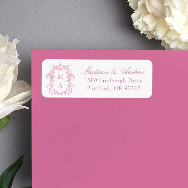 Etiqueta Elegante Crista Monograma de Rosa Endereço de Devo (Criador carregado)