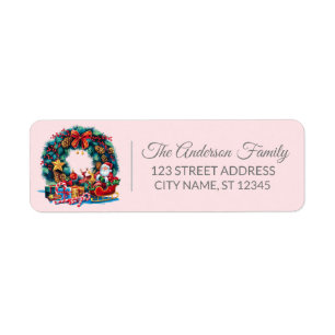Etiqueta Elegante Feliz Natal Holly Wreath Rosa
