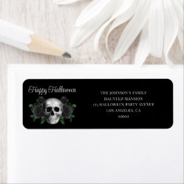 Etiqueta Elegante Floral Preto Gótico Halloween Caveira