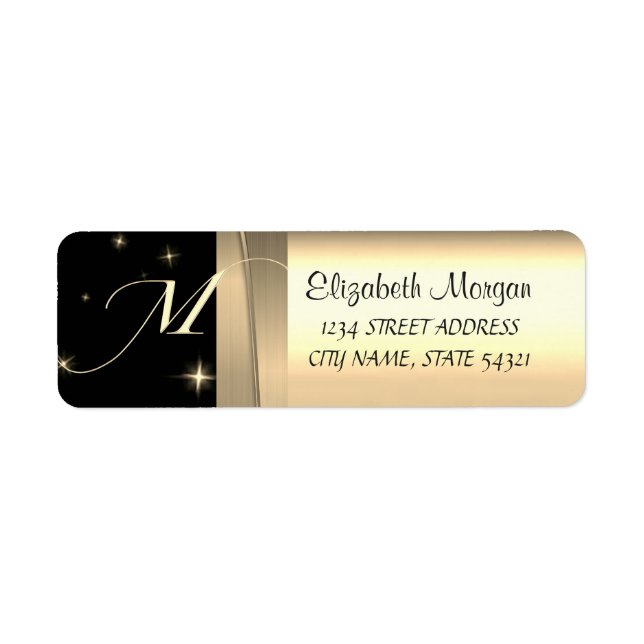 Etiqueta Elegante Luxo Chic, Dourado Falso, Preto, Monogram (Frente)