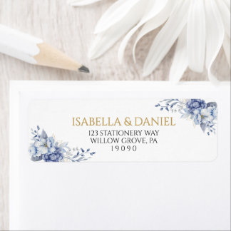 Etiqueta Elegante Poeira Azul e Floral Dourado para Endereç