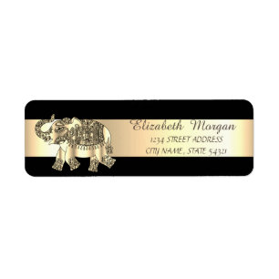 Etiqueta Elegante Preto, Listra Dourada, Elefante Paisley D