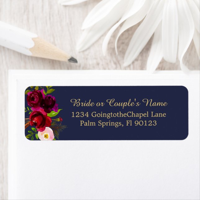 Etiqueta Elegante Script Floral Borgonha no Azul Marinho (Insitu)